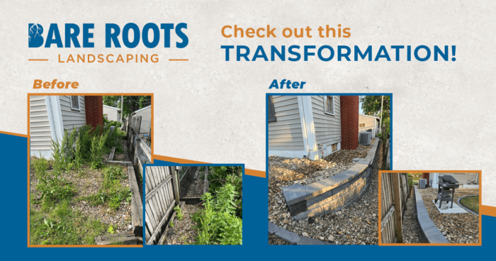 Retaining Wall, Rock Beds Before and after retaining wall landscape project